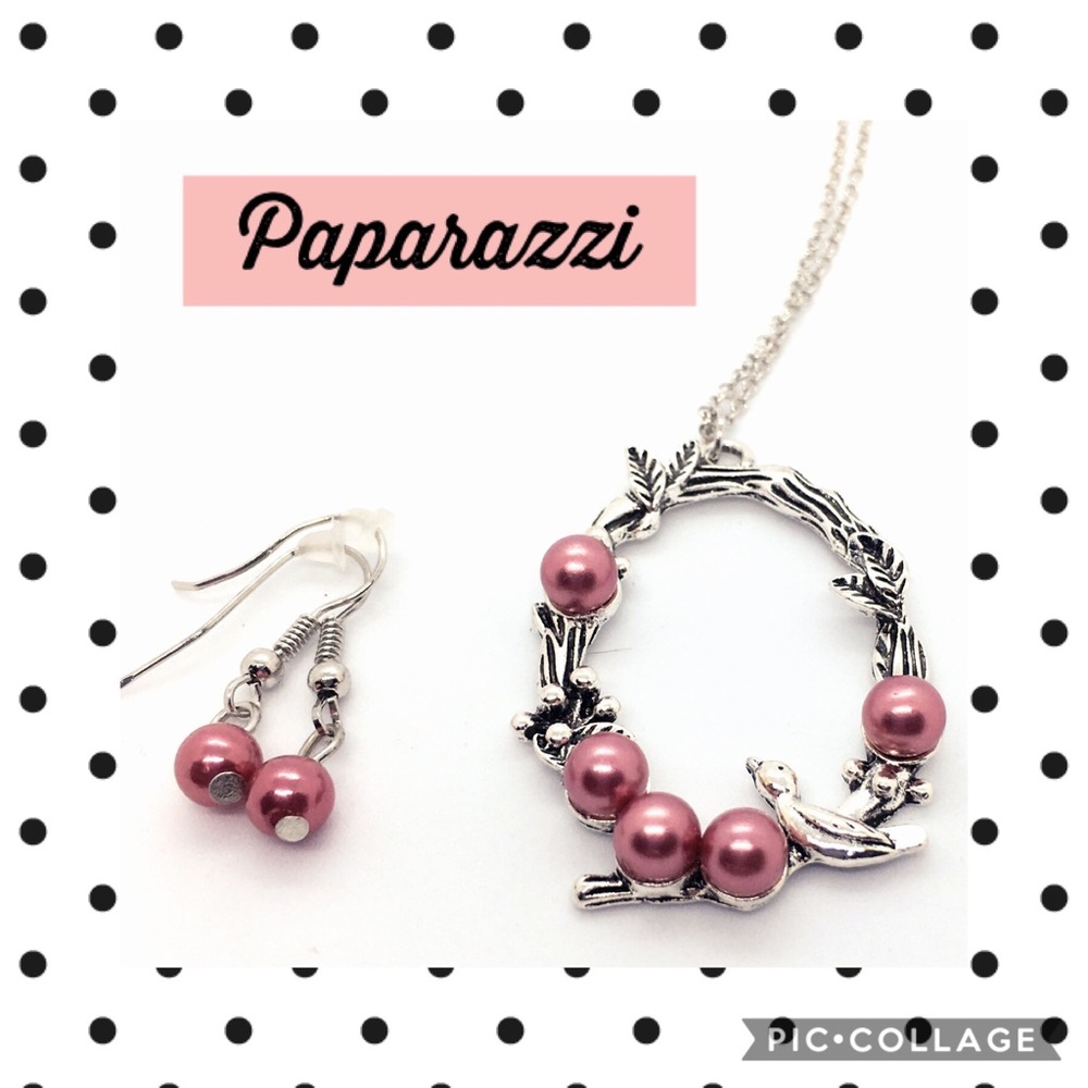 Romantic Pink Pearl & Silver Necklace, Earring Set